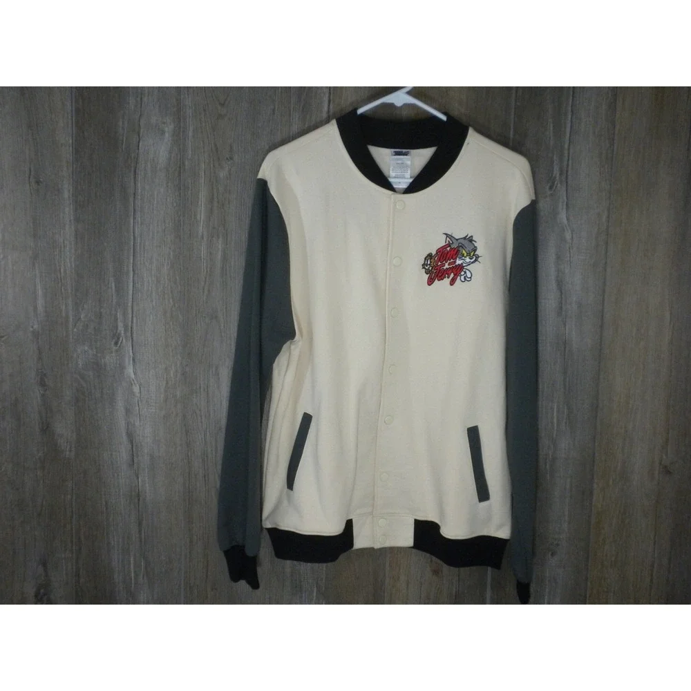 Tom and Jerry Jacket Mens M Beige Gray Snap Varsity Applique Cartoon Cat Mouse‎